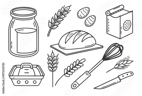 Baking ingredients and tools for homemade sourdough bread making, clean line icon collection