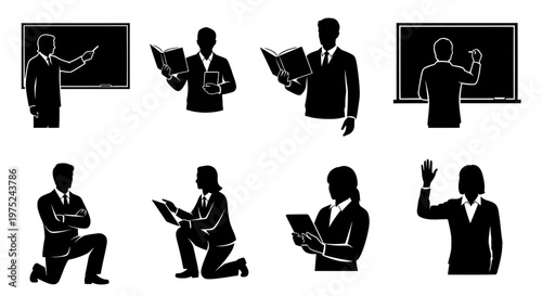Black and White Vector Silhouettes: Education and Business People, Teachers, Students, Professionals