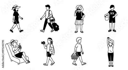 Travel, Vacation  Summer Lifestyle People Black and White Line Art Icons Set