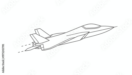 Modern Fighter Jet Outline Drawing, Military Aircraft Flying, Stealth Technology Concept