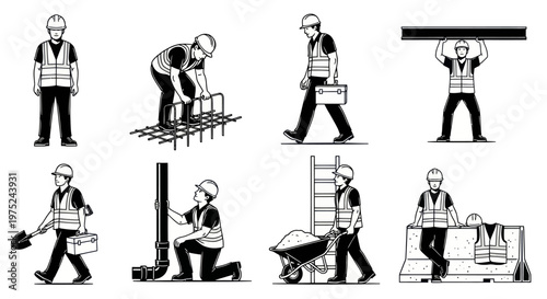 Black  White Line Art Vector Set: Construction Workers on Building Site Tasks