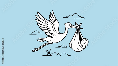 Stork delivering baby in flight.