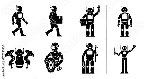Technology Robotics Glyph Icons Set - Diverse Androids in Action Poses on White Background