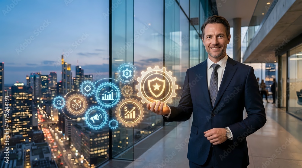 Fototapeta premium Businessman presenting a security shield with graphs and icons in a modern office overlooking a cityscape at dusk symbolizing business growth and protection.