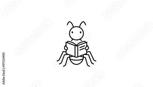 Cute ant reading a book, educational concept, simple line drawing, white background