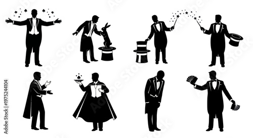 Entertainment Magic Magician Silhouettes Vector Set. Black and White Performing Arts Glyphs.