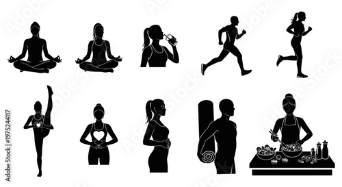 Health and Wellness People Activities Silhouette Glyphs Set