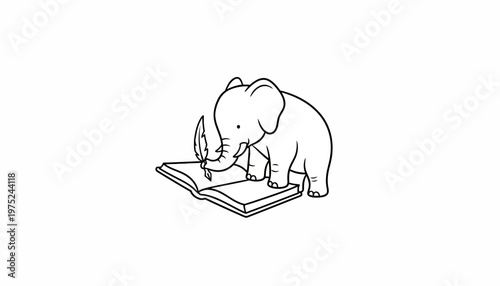 Cute Baby Elephant Writing with Feather Pen on Open Book, Line Art Illustration