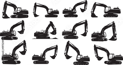 Collection of excavator silhouettes in various positions and angles