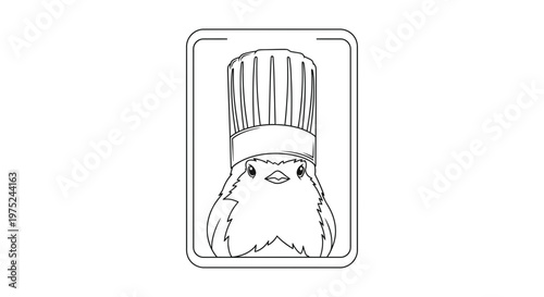 Cute Bird Chef Character Wearing a Tall Chef Hat, Outline Drawing