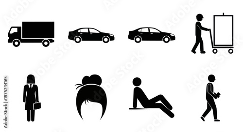 Black and White Glyph Icons Set: Transportation, Business, and People Silhouettes Vector