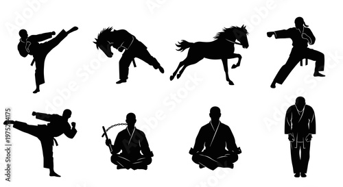 Martial Arts and Meditation Silhouettes Vector Set with Traditional Poses and Horse