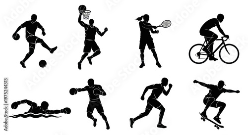 Sports  Fitness Athletes Silhouettes Vector Set: Black  White Flat Icons of Diverse People Playing Sports
