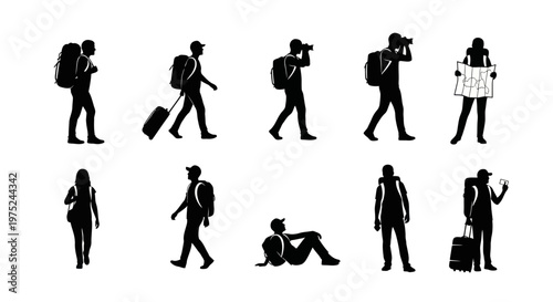 Tourism Travel People Silhouettes Set with Backpacks, Luggage, Cameras  Maps