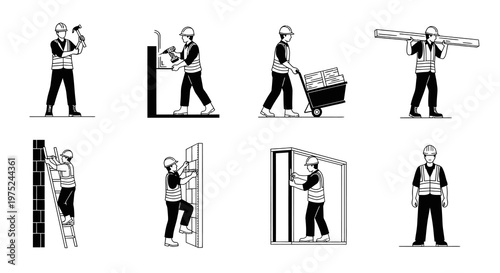Construction Workers Building Tasks Monochrome Line Art Vector Illustrations Set