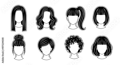 Beauty Industry Women's Hairstyles Icons - Black  White Line Art Vector Hair Set