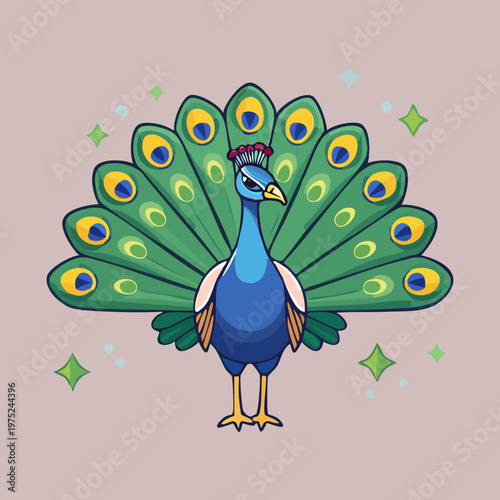 beautiful peacock standing with full tail for nature sanctuary branding and artistic home decor posters and wildlife photography club logos in professional vector style