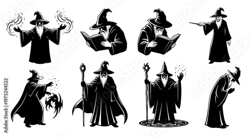 Black and White Wizard Icons: Magic, Mystery, Fantasy Art Style