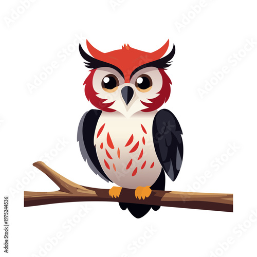 cute owl sitting on branch for nursery room decor and kids educational materials about nocturnal animals and forest wildlife in modern digital vector style