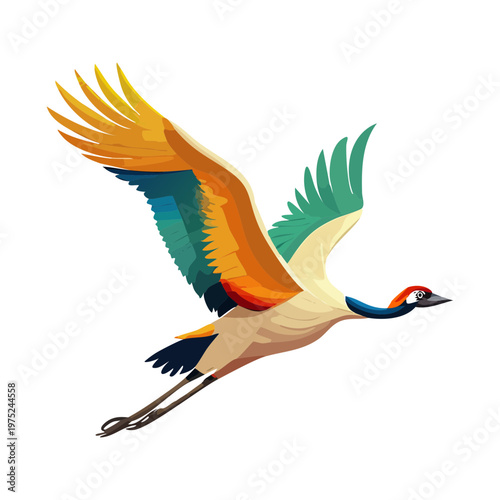 crane bird flying with long neck for wetland nature themes and marsh wildlife observation guides and artistic animal illustrations for digital and print media
