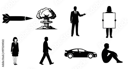 Black and White Vector Glyph Icons Collection: Business, War, Transportation  Human Concepts