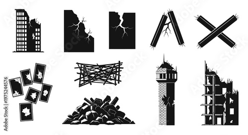 Black  White Glyph Icons: Disaster and War Destruction - Ruined Buildings, Rubble, Damage