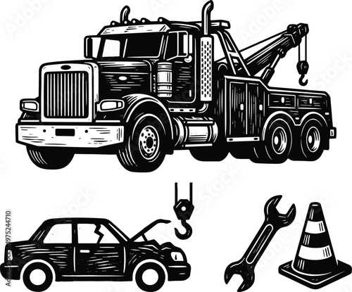 Professional heavy duty tow truck with broken car and repair equipment.