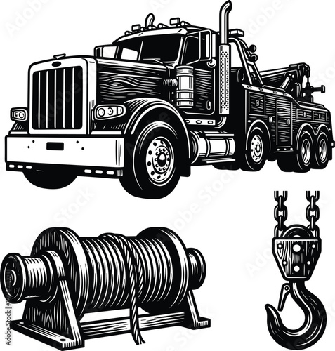 Industrial towing equipment featuring recovery truck winch and pulley.