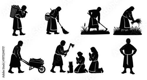 Historical Monastic Life Silhouettes: Daily Chores, Agricultural Work, and Prayer Vector Set