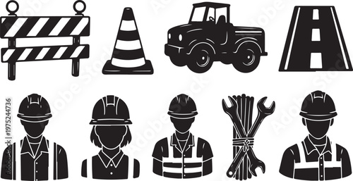 Construction Workers and Equipment Silhouette Icons Set