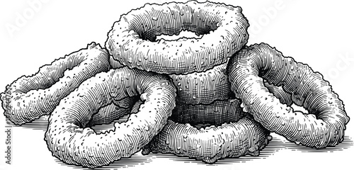 Crispy fried onion rings pile in vintage woodcut hand drawn art style.