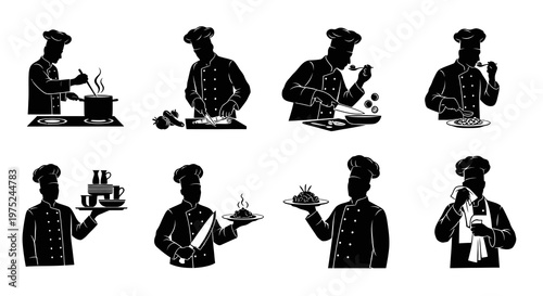 Culinary Chef Glyphs Vector Set: Professional Cooks Preparing, Serving  Tasting Food