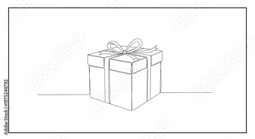 Minimalist Gift Box with Ribbon Bow on White Background, Simple Line Drawing