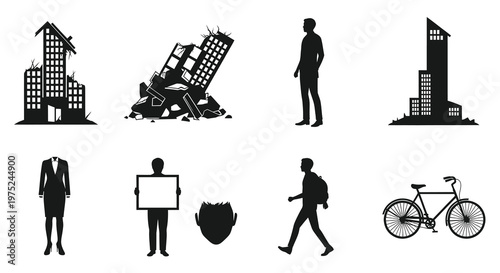 Urban and Disaster Icons: Buildings, People, Bicycle Black Silhouettes Vector Set