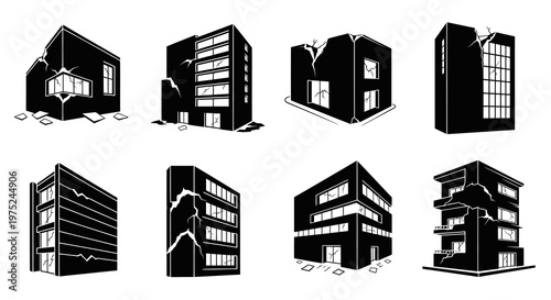 Disaster Emergency  Construction: Black  White Line Art Icons of Damaged Buildings
