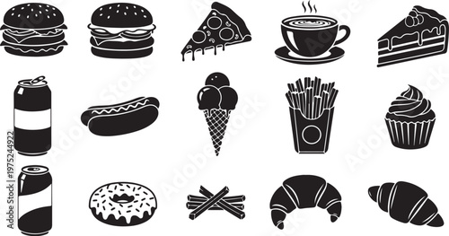 Variety of Food and Drink Icons in Black and White
