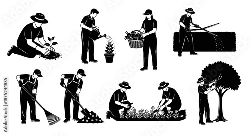 Black  White Silhouette Vector Icons of Gardening, Landscaping and Horticulture Activities Set