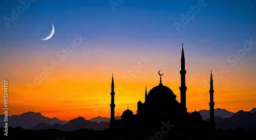 Majestic Mosque Silhouette Crescent Moon Sunset