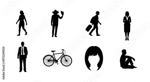 Vector Black Silhouettes of Diverse People, Business Figures, Traveler, Walker, Bicycle, and Hair