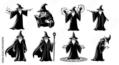Fantasy Magic Wizards - Black  White Line Art Character Set