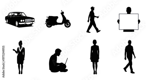 Black and White Silhouette Vector Icons: People, Business, and Transportation Collection