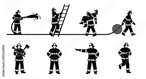 Firefighting Profession Glyphs Set: Black  White Icons of Firemen in Action and Rescue
