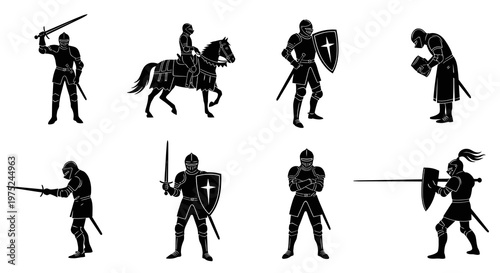 Medieval History Knights Silhouette Vector Set with Swords and Shields