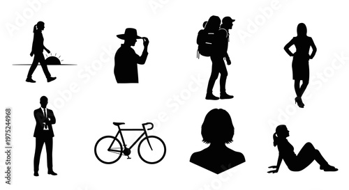 Diverse Human Silhouettes: Lifestyle, Business, Travel  Sport Figures in Black  White