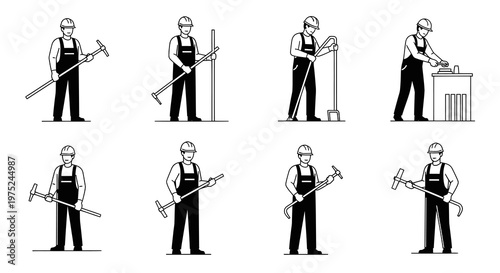 Manual Laborer with Construction Tools Black and White Line Art Vector Icons Set