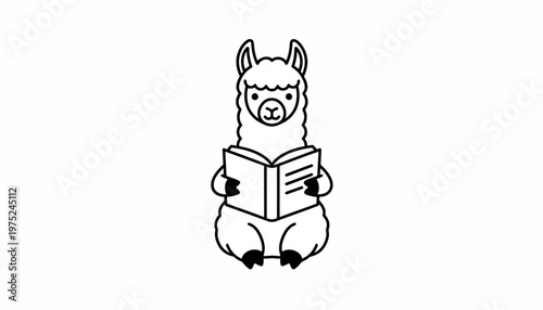Cute Cartoon Llama Reading a Book, Adorable Animal Character Illustration