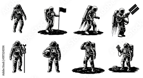 Space Exploration Astronauts Set in Vintage Engraving Black and White Style