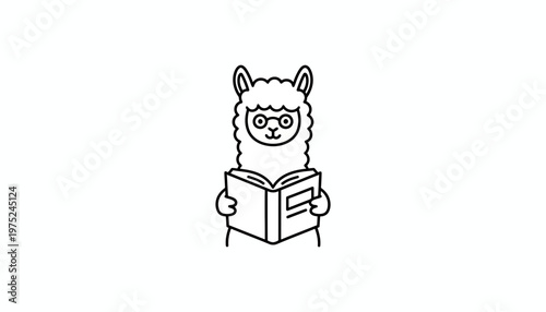 Cute cartoon llama wearing glasses reading a book, vector illustration