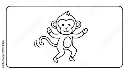 Cute cartoon monkey winking and dancing, simple line art, isolated on white background