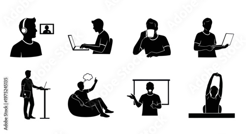 Black and White Silhouettes of Men Working, Studying, and Relaxing